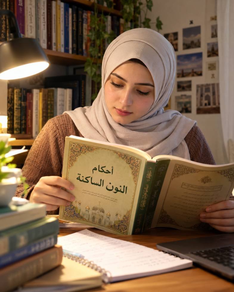 An open Arabic book on a study desk, ready for Tajweed practice