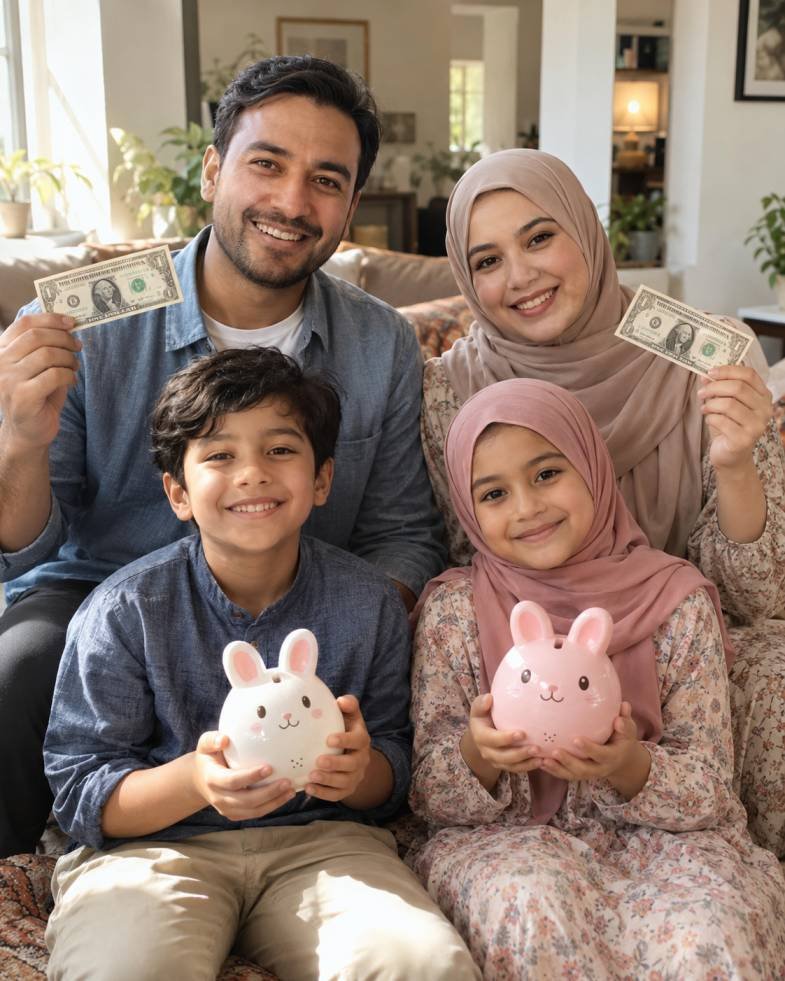A Muslim family at home, smiling together
