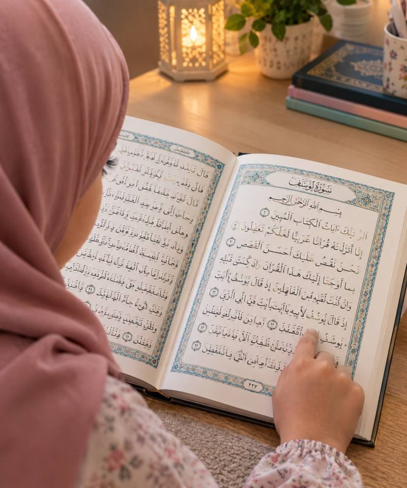 A young girl reading from the Mushaf by warm lantern light
