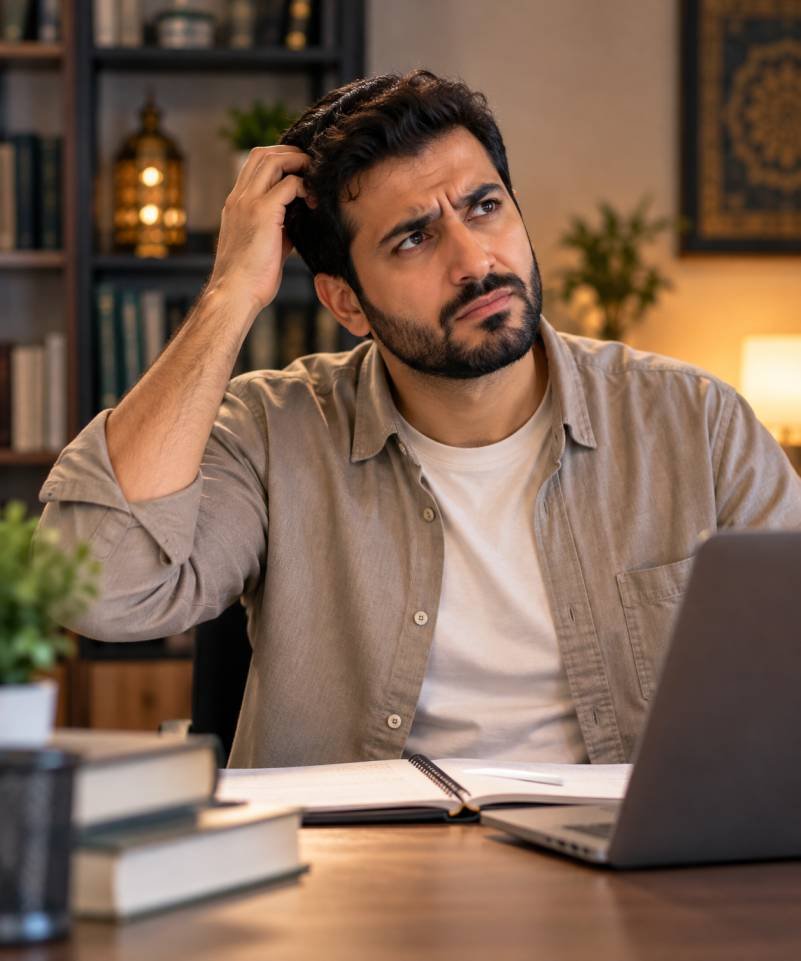 A student at a study desk thinking about which course to choose
