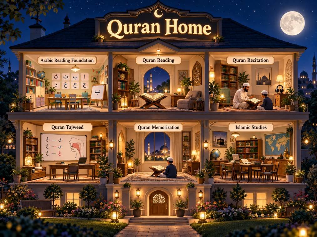 Quran Home illustrated as a moonlit house of learning