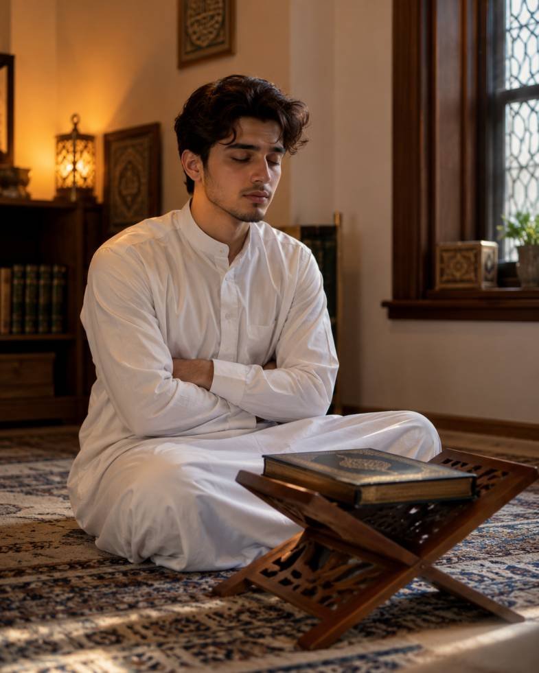 A learner in quiet reflection with the Quran by lamplight