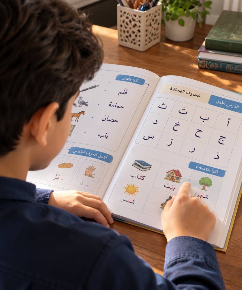 A young boy following Arabic letters in a reading workbook