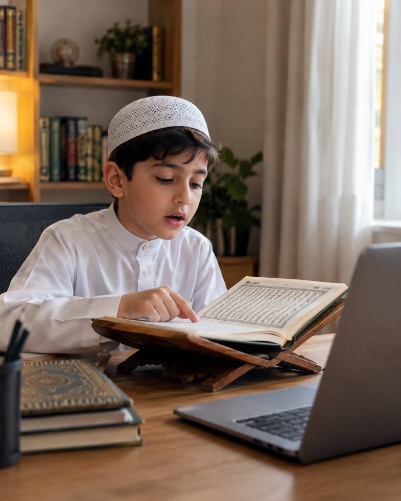 A young boy practicing recitation with the Quran open beside a laptop for an online lesson